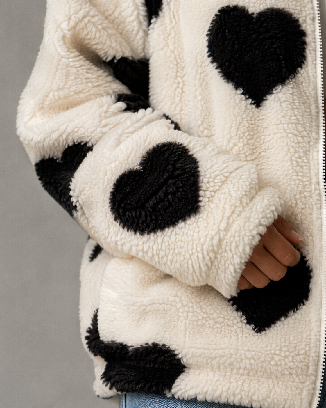 Women's Heart Print Teddy Fleece Jacket - Full Zip Relaxed Fit