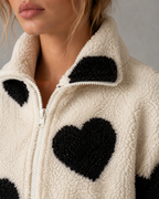 Women's Heart Print Teddy Fleece Jacket - Full Zip Relaxed Fit