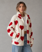 Women's Heart Print Teddy Fleece Jacket - Full Zip Relaxed Fit