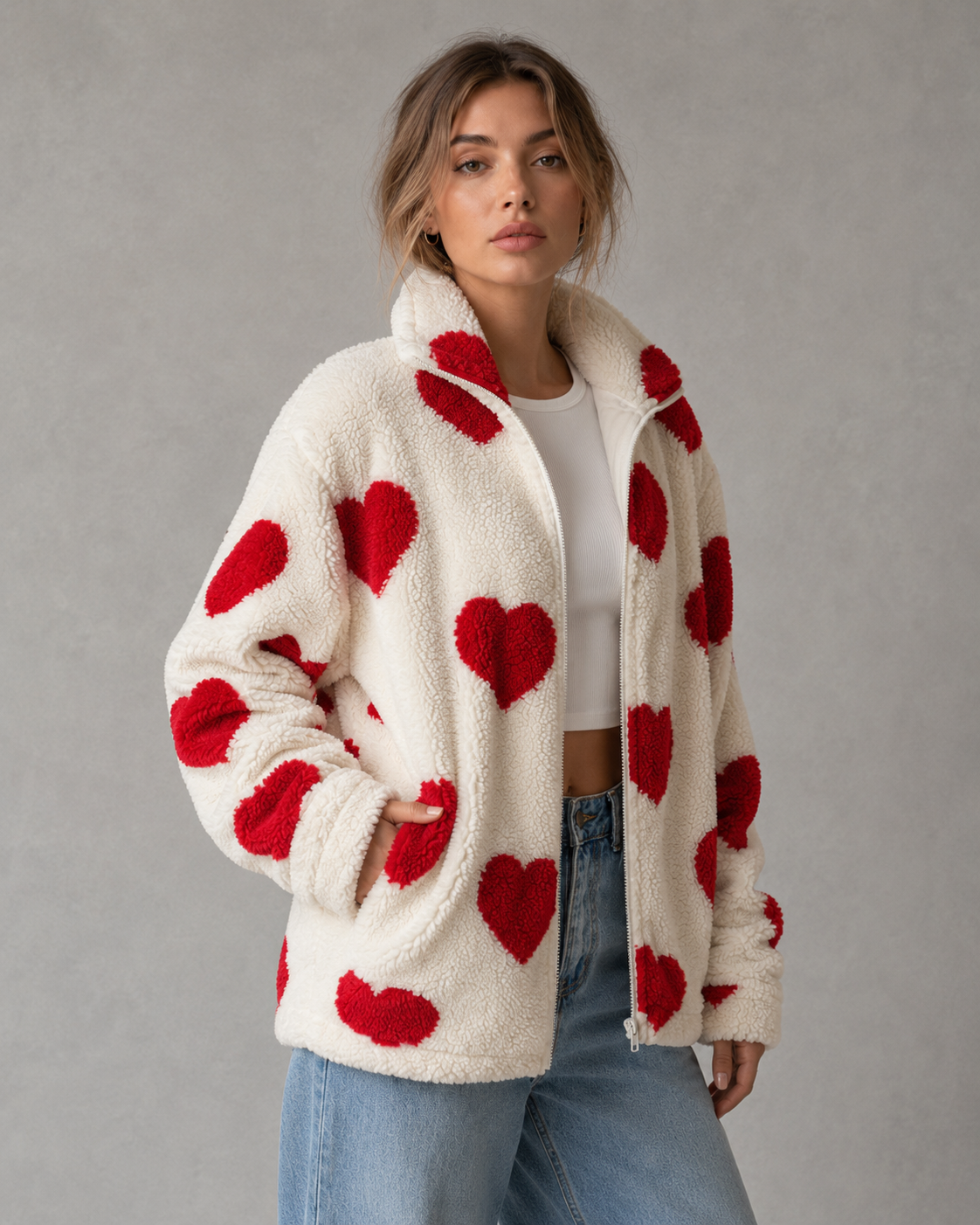 Women's Heart Print Teddy Fleece Jacket - Full Zip Relaxed Fit