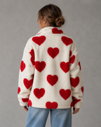 Women's Heart Print Teddy Fleece Jacket - Full Zip Relaxed Fit