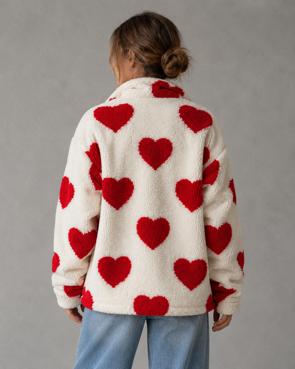 Women's Heart Print Teddy Fleece Jacket - Full Zip Relaxed Fit