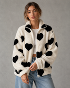 Women's Heart Print Teddy Fleece Jacket - Full Zip Relaxed Fit