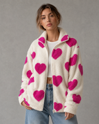 Women's Heart Print Teddy Fleece Jacket - Full Zip Relaxed Fit