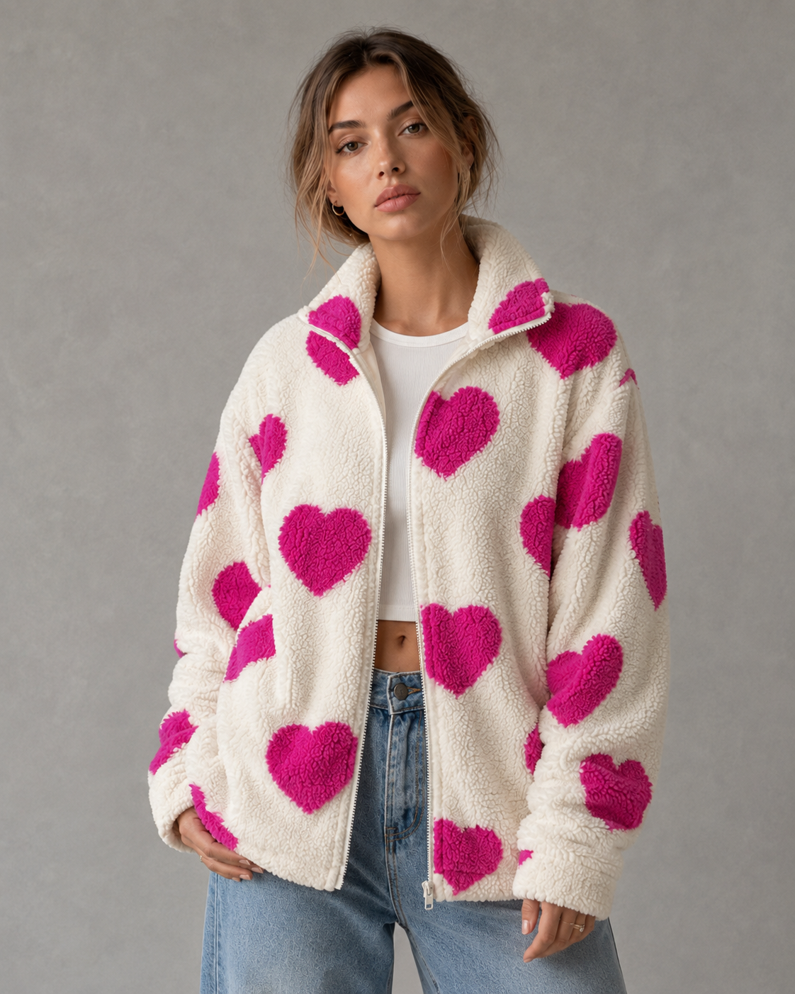 Women's Heart Print Teddy Fleece Jacket - Full Zip Relaxed Fit