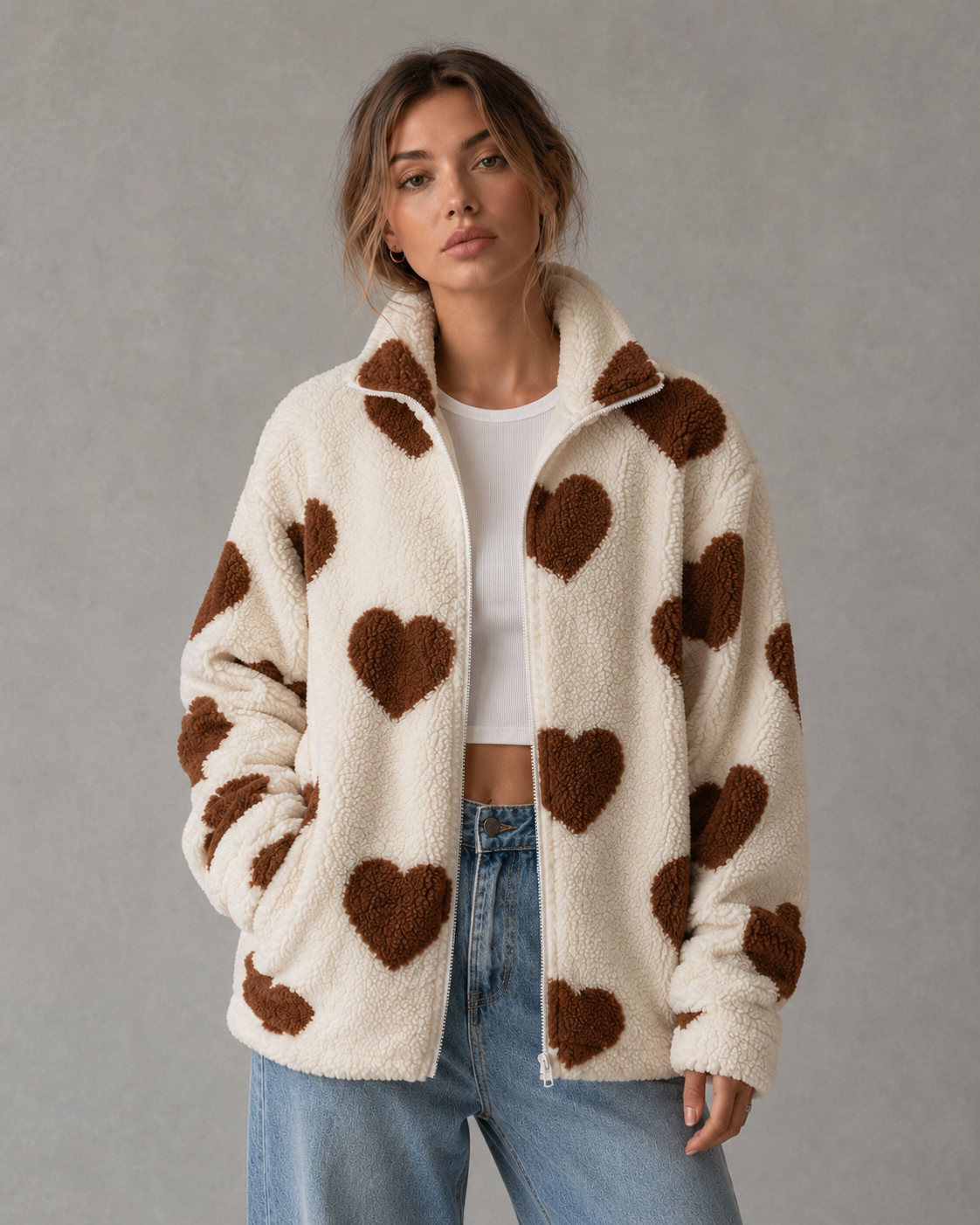 Women's Heart Print Teddy Fleece Jacket - Full Zip Relaxed Fit