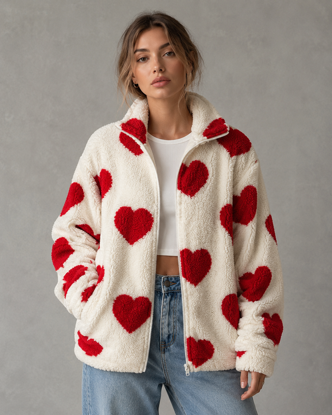 Women's Heart Print Teddy Fleece Jacket - Full Zip Relaxed Fit