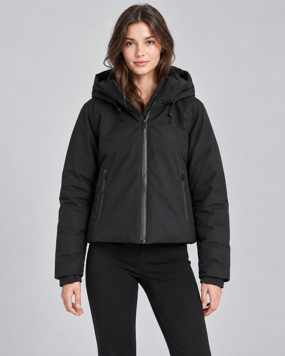 Women's Hooded Padded Jacket - Short Fit Full-Zip Winter