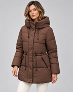 Women's Hooded Puffer Coat with Drawstring Waist and Zip Pockets