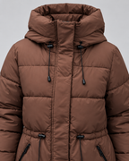 Women's Hooded Puffer Coat with Drawstring Waist and Zip Pockets