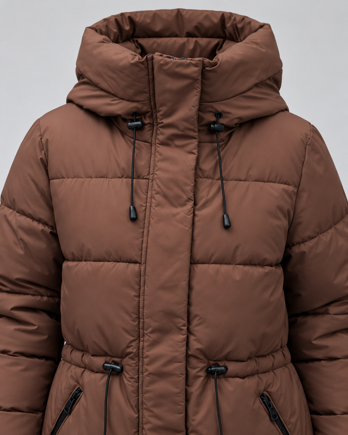 Women's Hooded Puffer Coat with Drawstring Waist and Zip Pockets