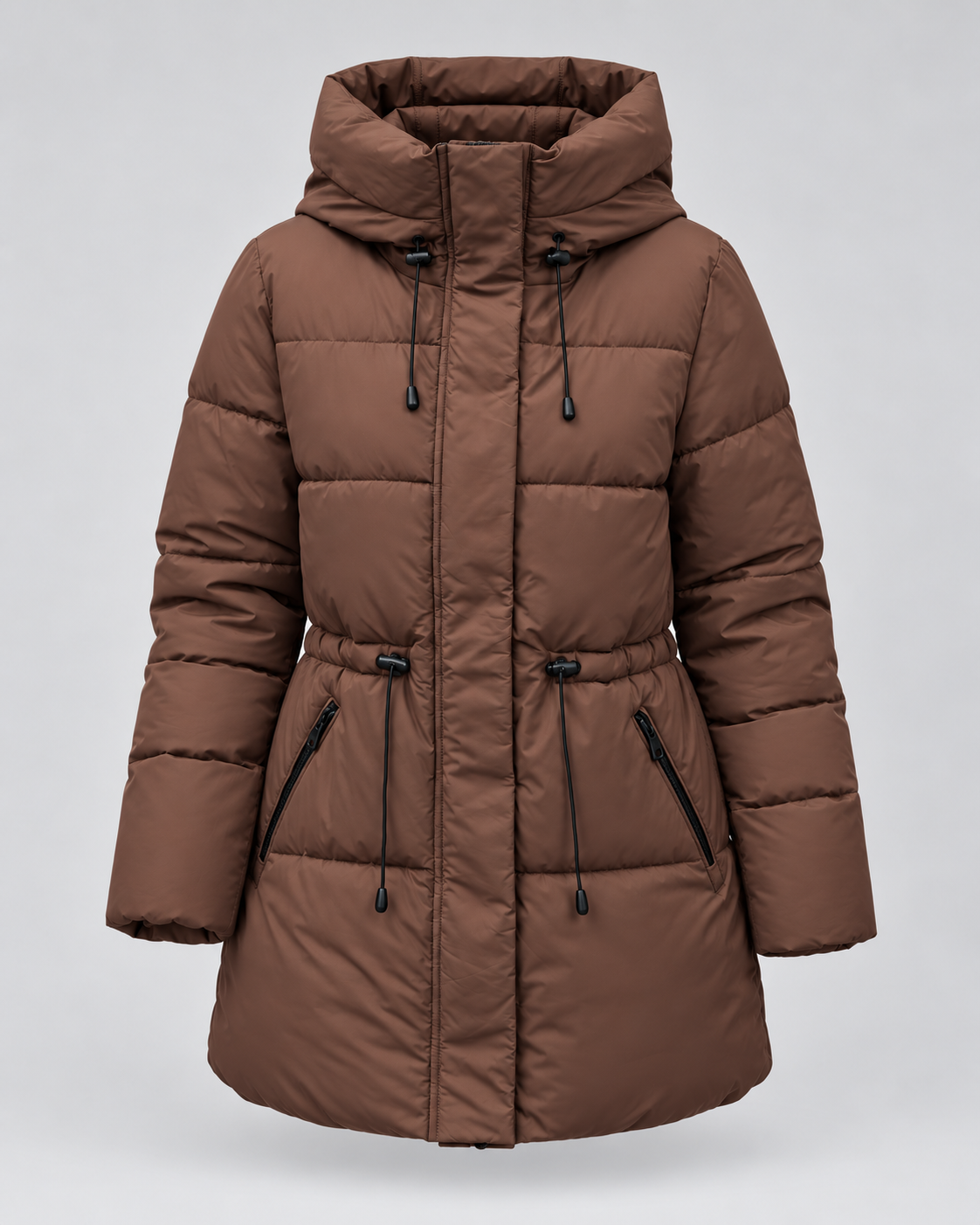 Women's Hooded Puffer Coat with Drawstring Waist and Zip Pockets