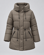 Women's Hooded Puffer Coat with Drawstring Waist and Zip Pockets
