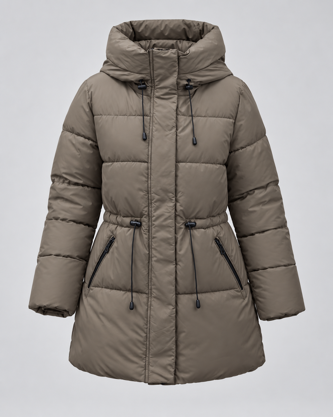 Women's Hooded Puffer Coat with Drawstring Waist and Zip Pockets