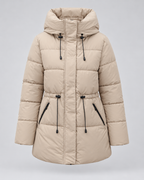 Women's Hooded Puffer Coat with Drawstring Waist and Zip Pockets