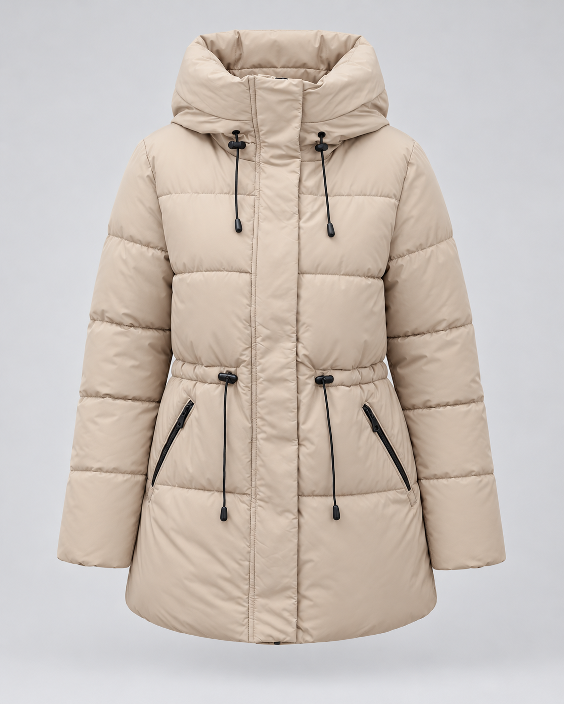 Women's Hooded Puffer Coat with Drawstring Waist and Zip Pockets