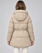 Women's Hooded Puffer Coat with Drawstring Waist and Zip Pockets