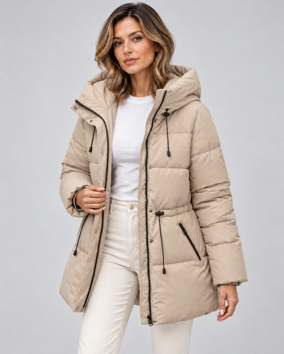 Women's Hooded Puffer Coat with Drawstring Waist and Zip Pockets