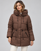 Women's Hooded Puffer Coat with Drawstring Waist and Zip Pockets