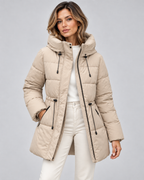 Women's Hooded Puffer Coat with Drawstring Waist and Zip Pockets