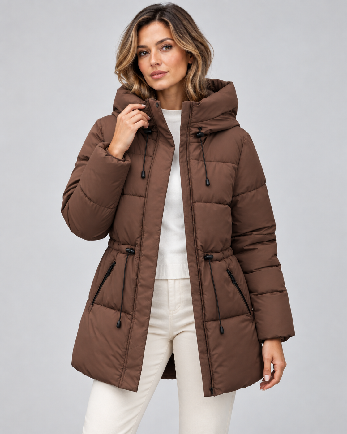 Women's Hooded Puffer Coat with Drawstring Waist and Zip Pockets