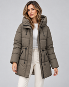 Women's Hooded Puffer Coat with Drawstring Waist and Zip Pockets