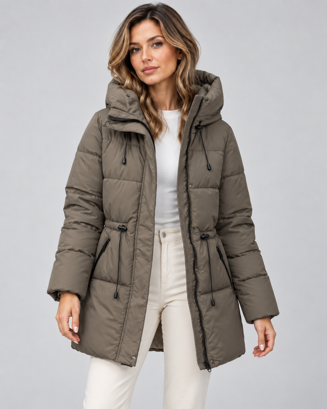 Women's Hooded Puffer Coat with Drawstring Waist and Zip Pockets