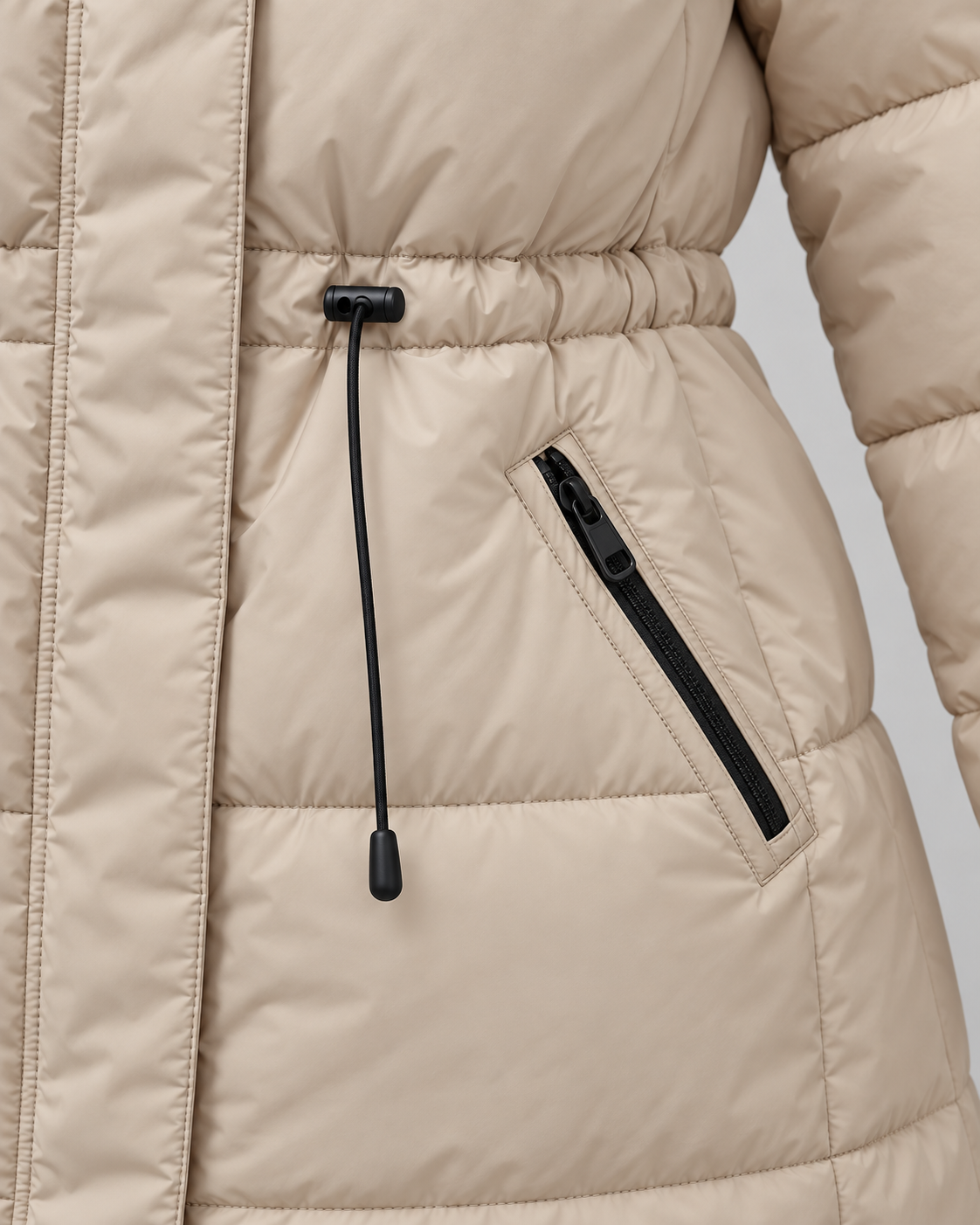 Women's Hooded Puffer Coat with Drawstring Waist and Zip Pockets