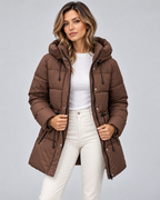 Women's Hooded Puffer Coat with Drawstring Waist and Zip Pockets