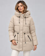 Women's Hooded Puffer Coat with Drawstring Waist and Zip Pockets