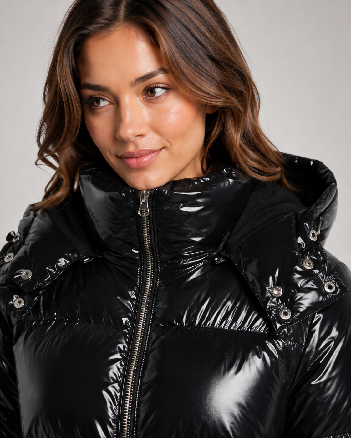 Women's Hooded Puffer Jacket - Glossy Cropped Zip-Up