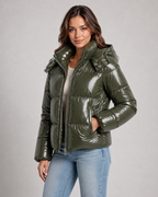 Women's Hooded Puffer Jacket - Glossy Cropped Zip-Up