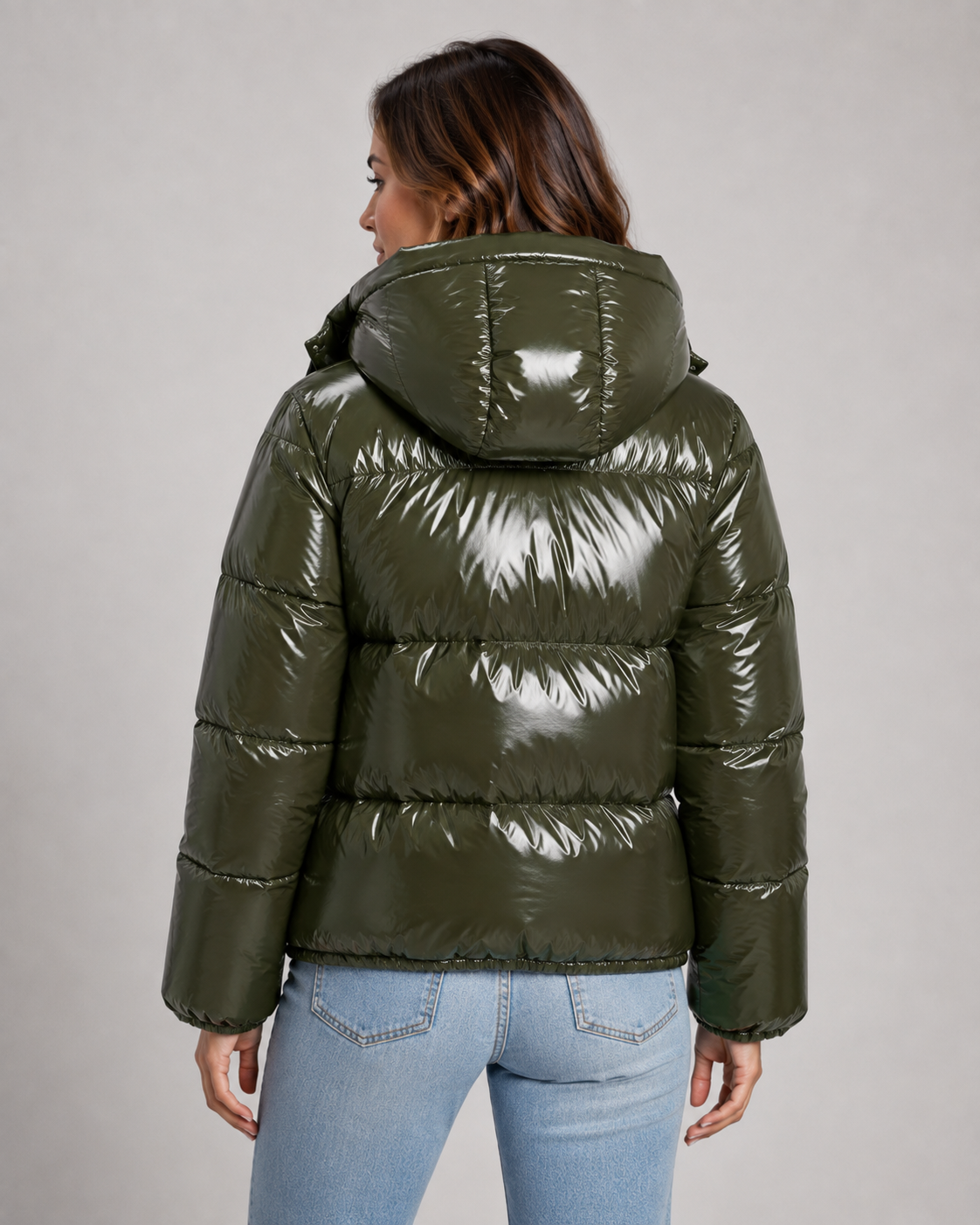 Women's Hooded Puffer Jacket - Glossy Cropped Zip-Up