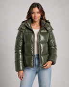 Women's Hooded Puffer Jacket - Glossy Cropped Zip-Up