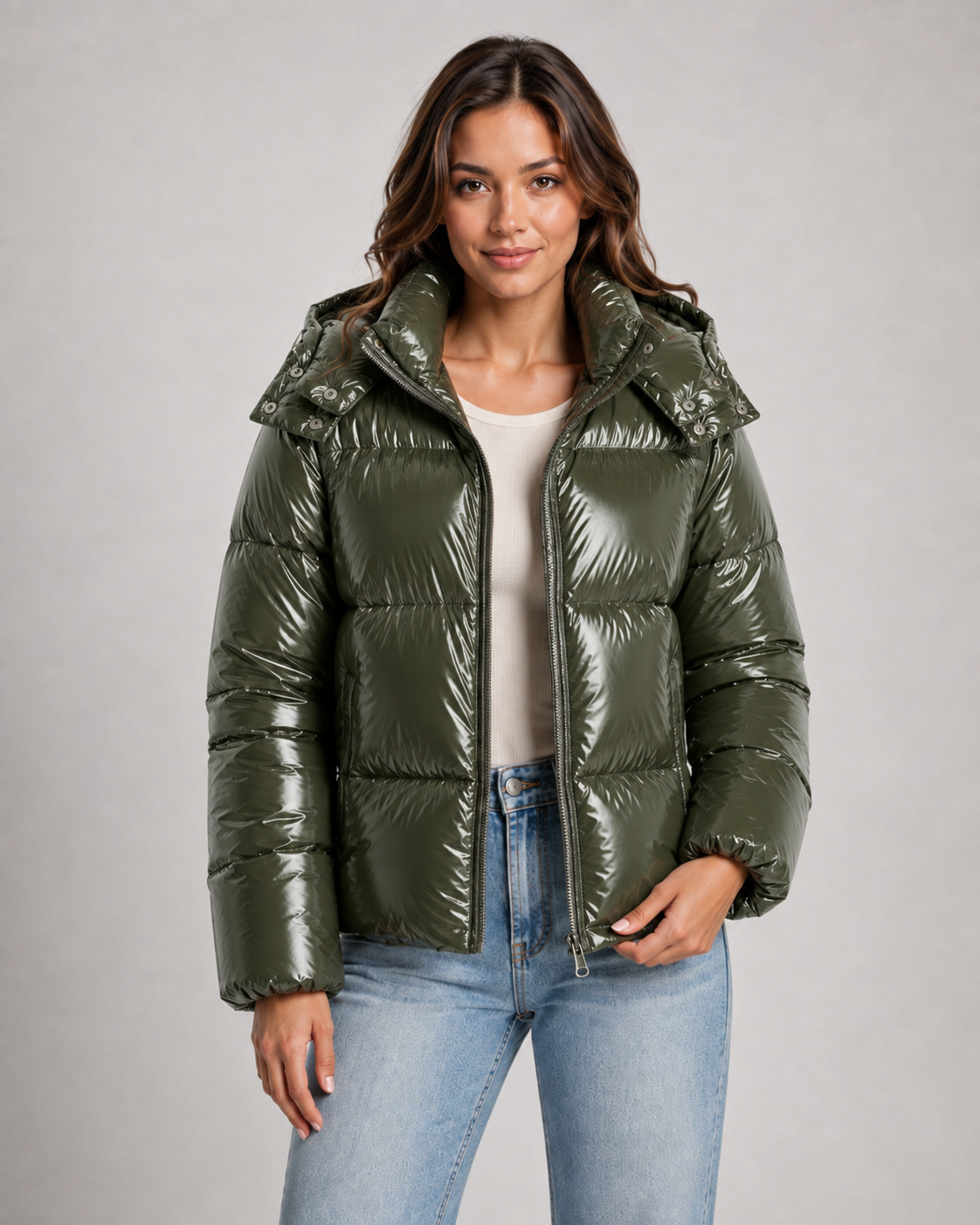 Women's Hooded Puffer Jacket - Glossy Cropped Zip-Up