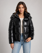 Women's Hooded Puffer Jacket - Glossy Cropped Zip-Up