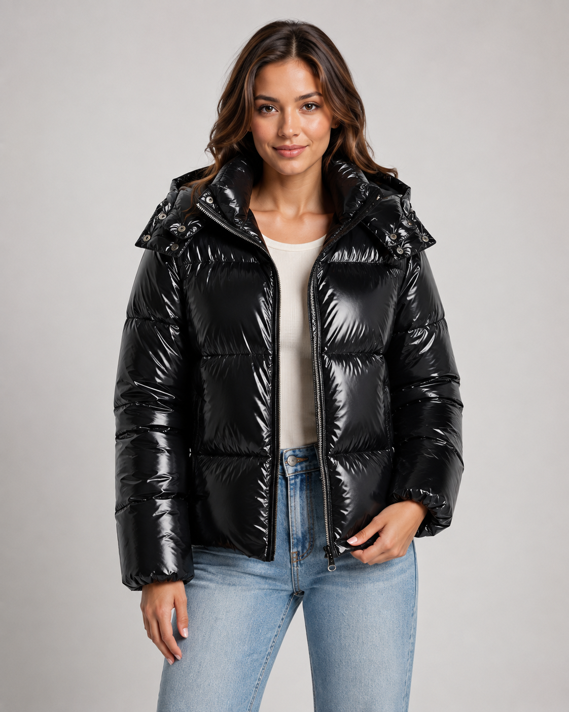 Women's Hooded Puffer Jacket - Glossy Cropped Zip-Up