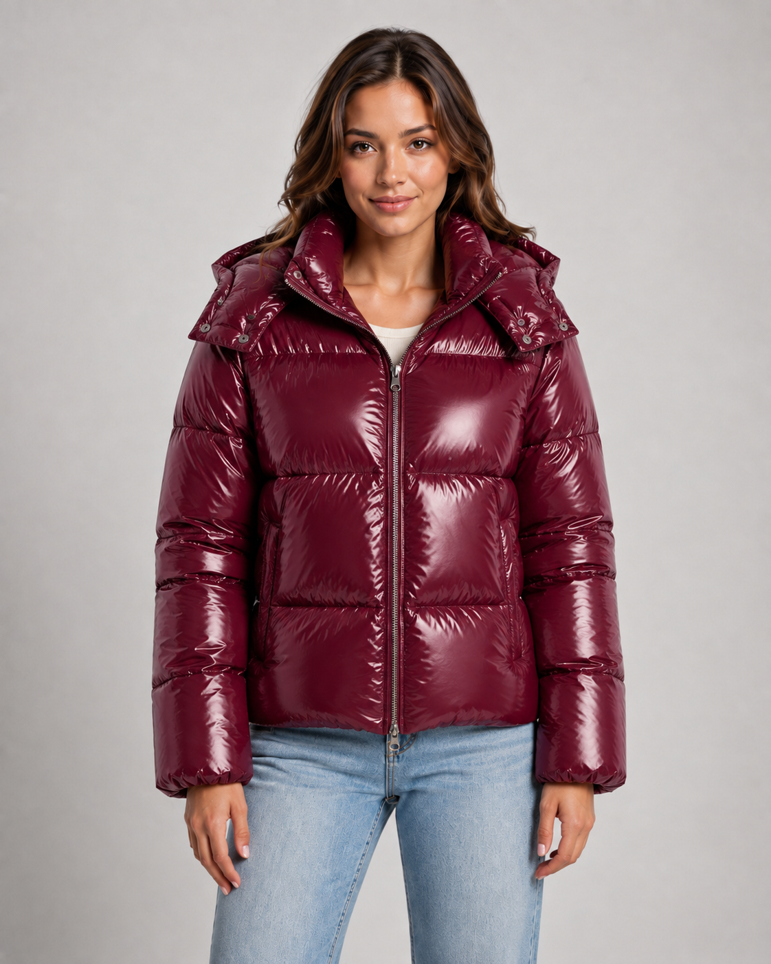Women's Hooded Puffer Jacket - Glossy Cropped Zip-Up