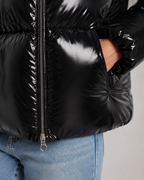 Women's Hooded Puffer Jacket - Glossy Cropped Zip-Up