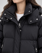 Women's Hooded Puffer Jacket - Oversized Zip Front Short Length