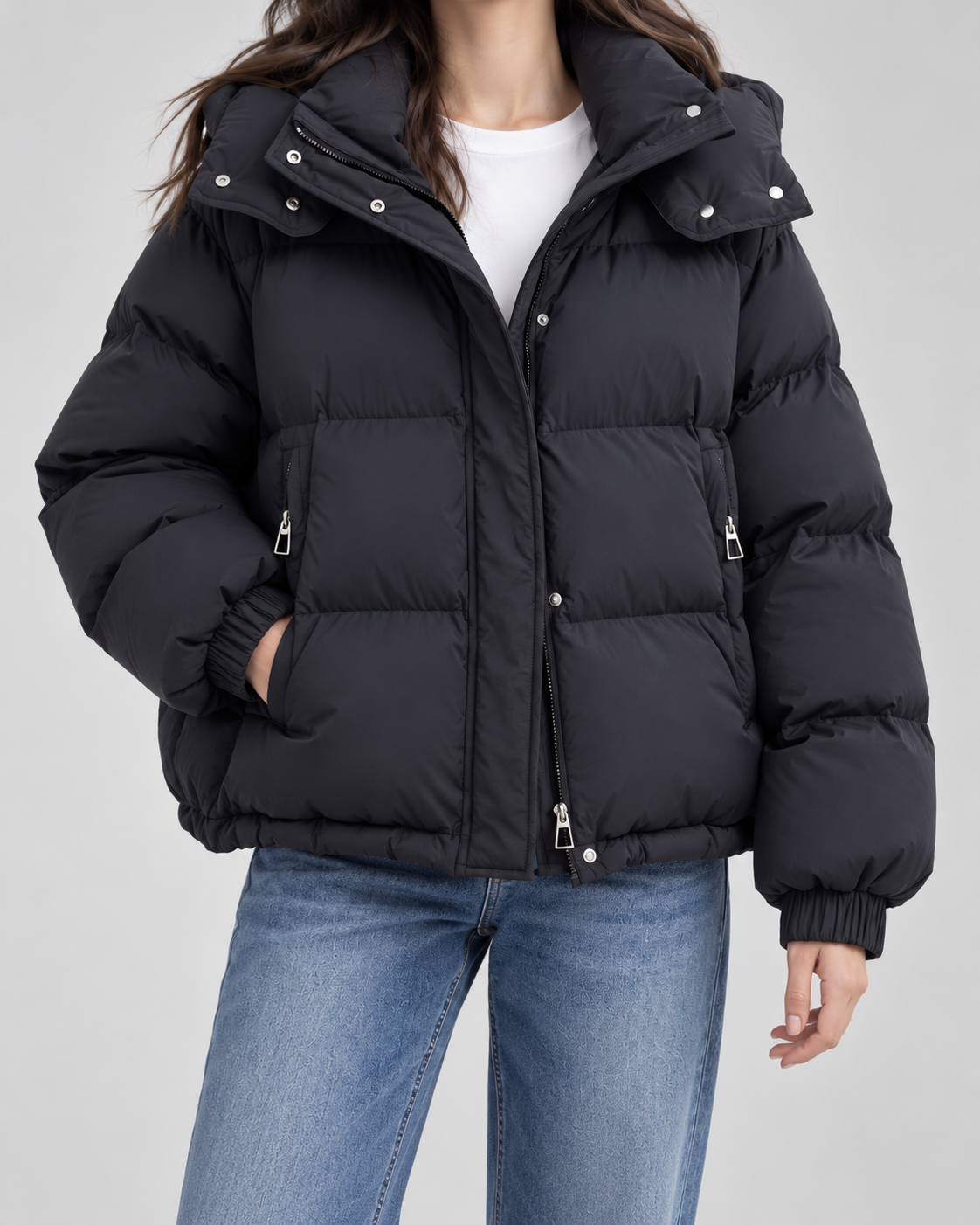 Women's Hooded Puffer Jacket - Oversized Zip Front Short Length