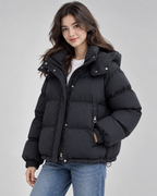 Women's Hooded Puffer Jacket - Oversized Zip Front Short Length