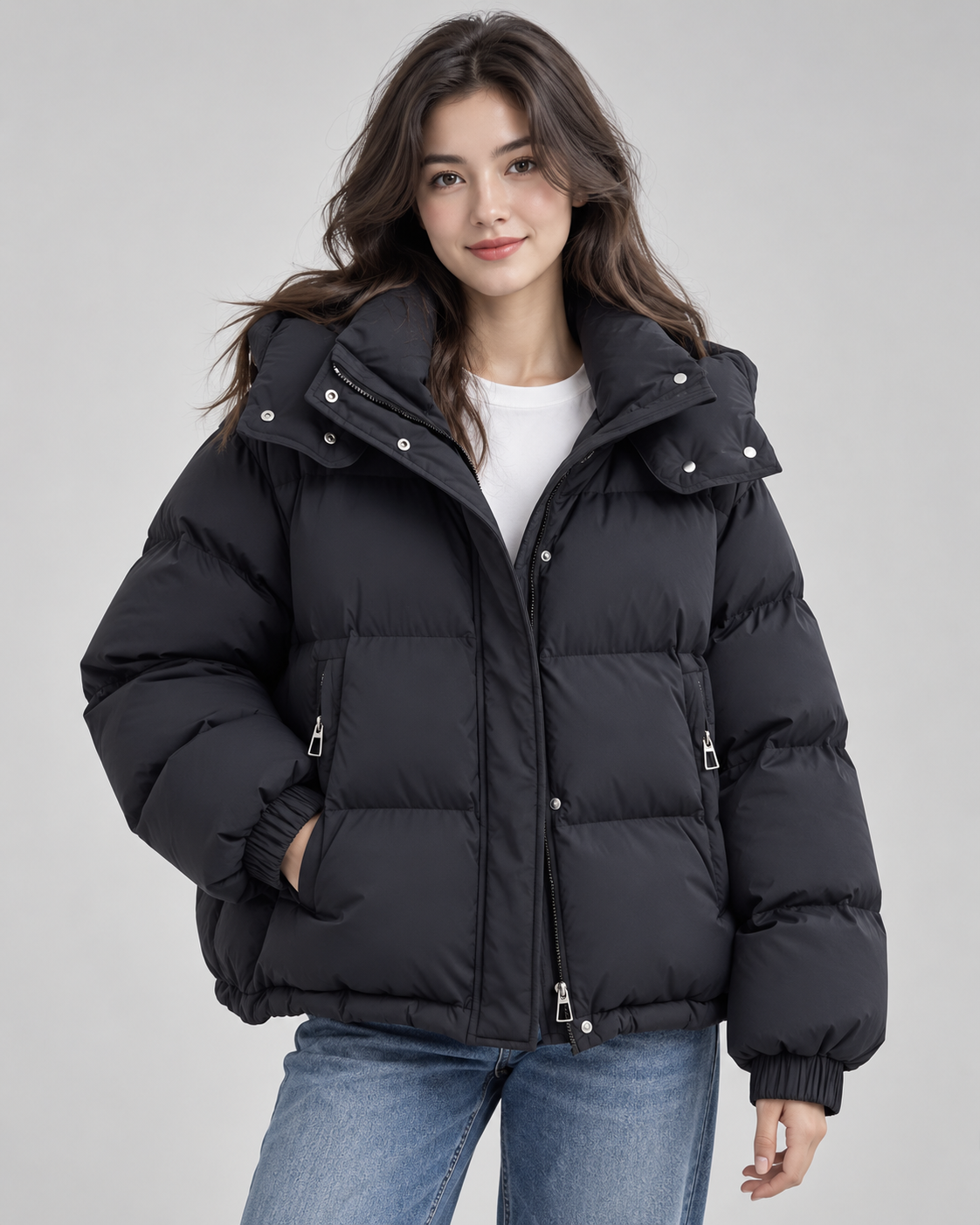 Women's Hooded Puffer Jacket - Oversized Zip Front Short Length