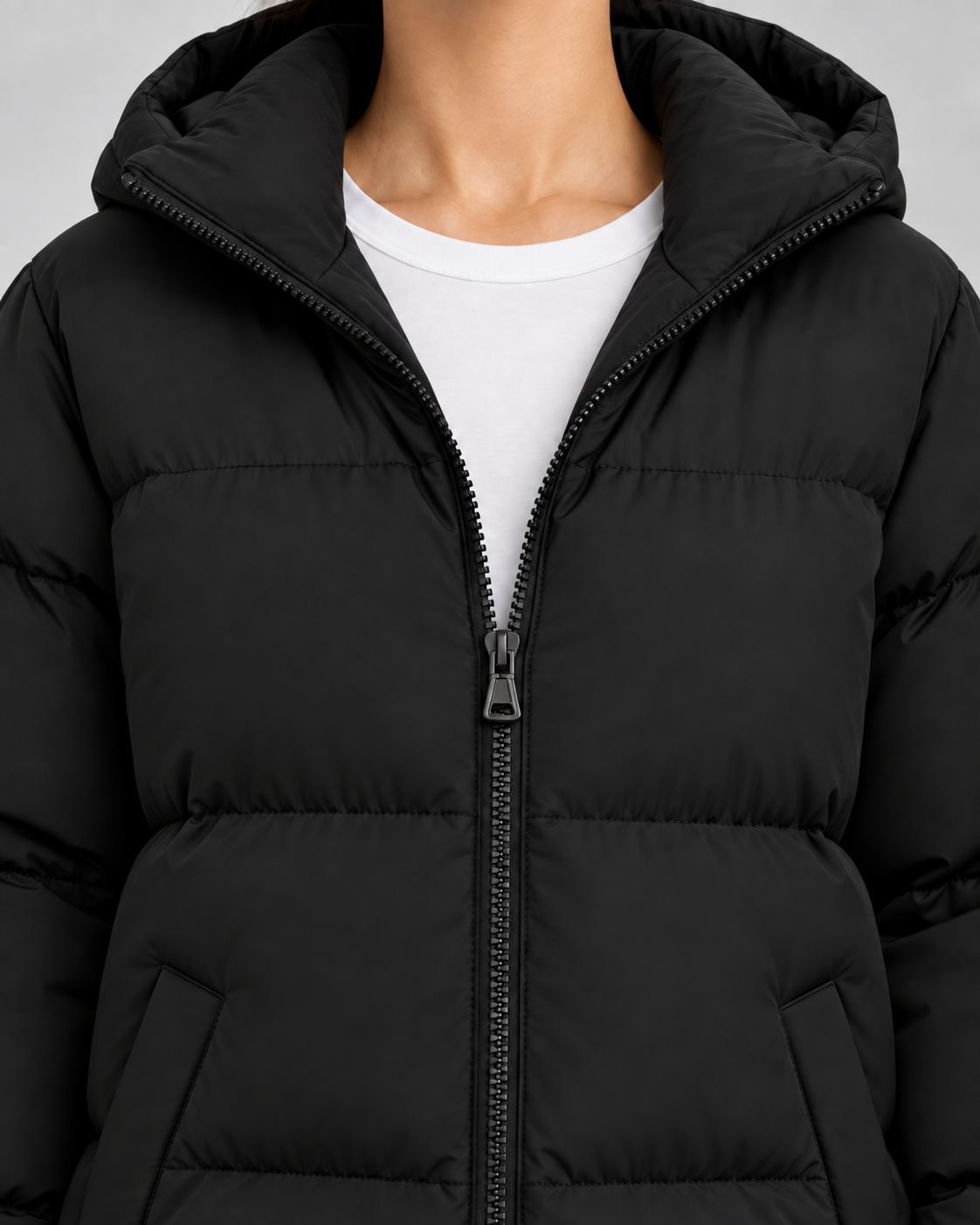 Women's Hooded Puffer Jacket - Quilted Zip Front Hip-Length Fit