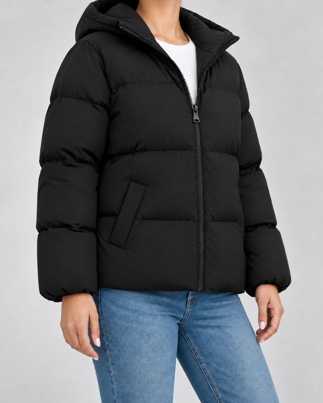 Women's Hooded Puffer Jacket - Quilted Zip Front Hip-Length Fit