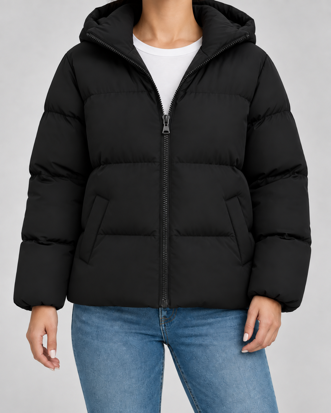 Women's Hooded Puffer Jacket - Quilted Zip Front Hip-Length Fit