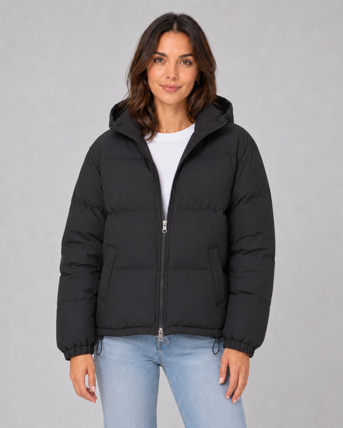 Women's Hooded Winter Puffer Jacket with Drawstring Hem