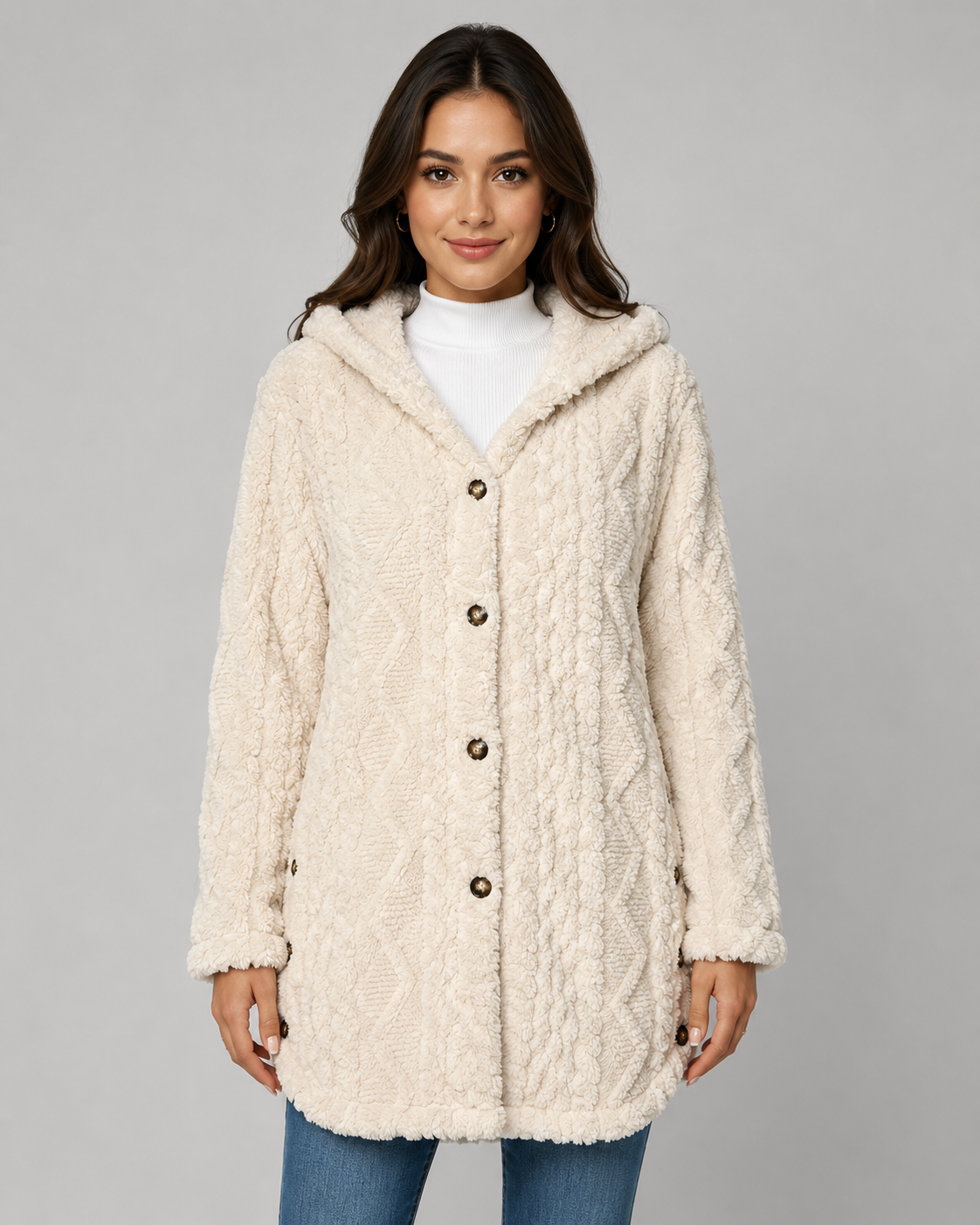 Women's Hooded Teddy Fleece Jacket with Cable Texture