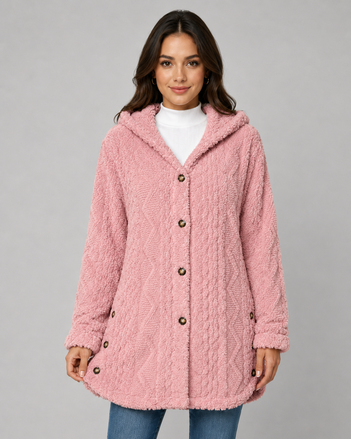Women's Hooded Teddy Fleece Jacket with Cable Texture