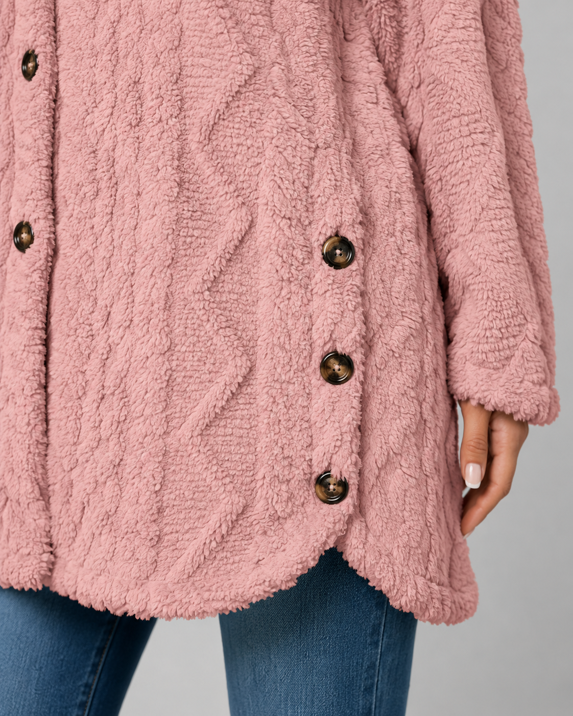 Women's Hooded Teddy Fleece Jacket with Cable Texture